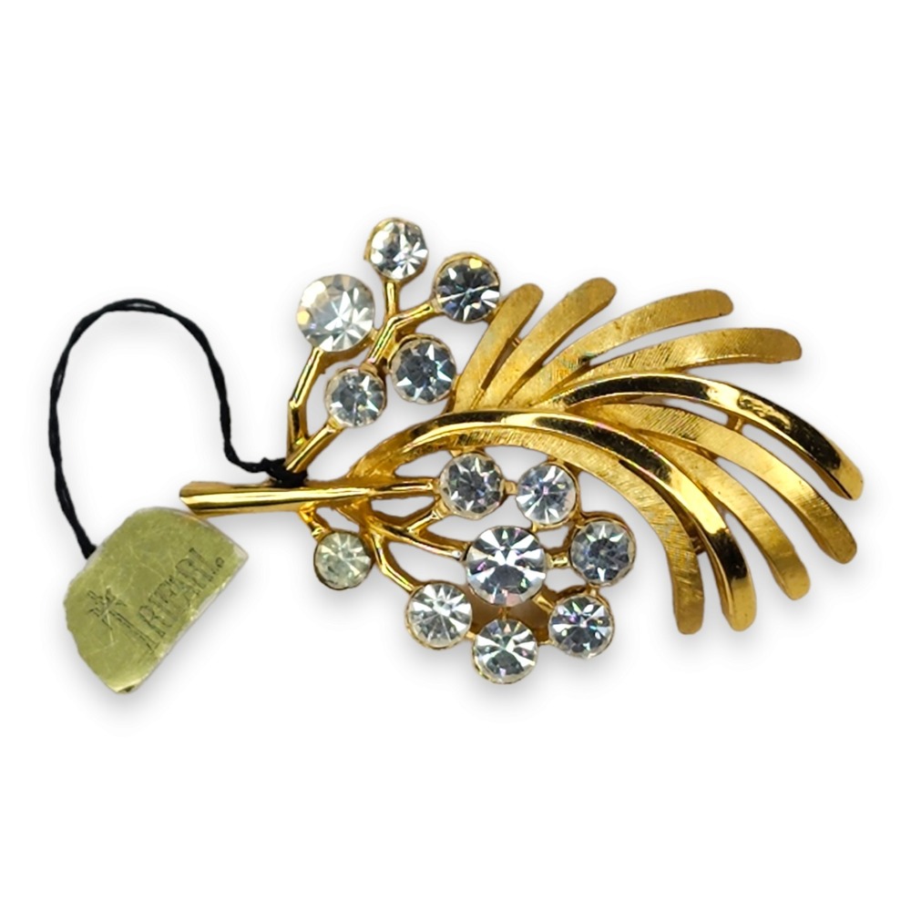 Trifari Vintage Gold Tone Clear Rhinestone Brooch Pin Flower Leaf New Old Stock - Picture 2 of 9
